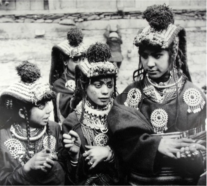 Young girls celebrating the Chaomos festival, Balanguru village, Pakistan. From a photograph taken by Peter Parkes in 1976